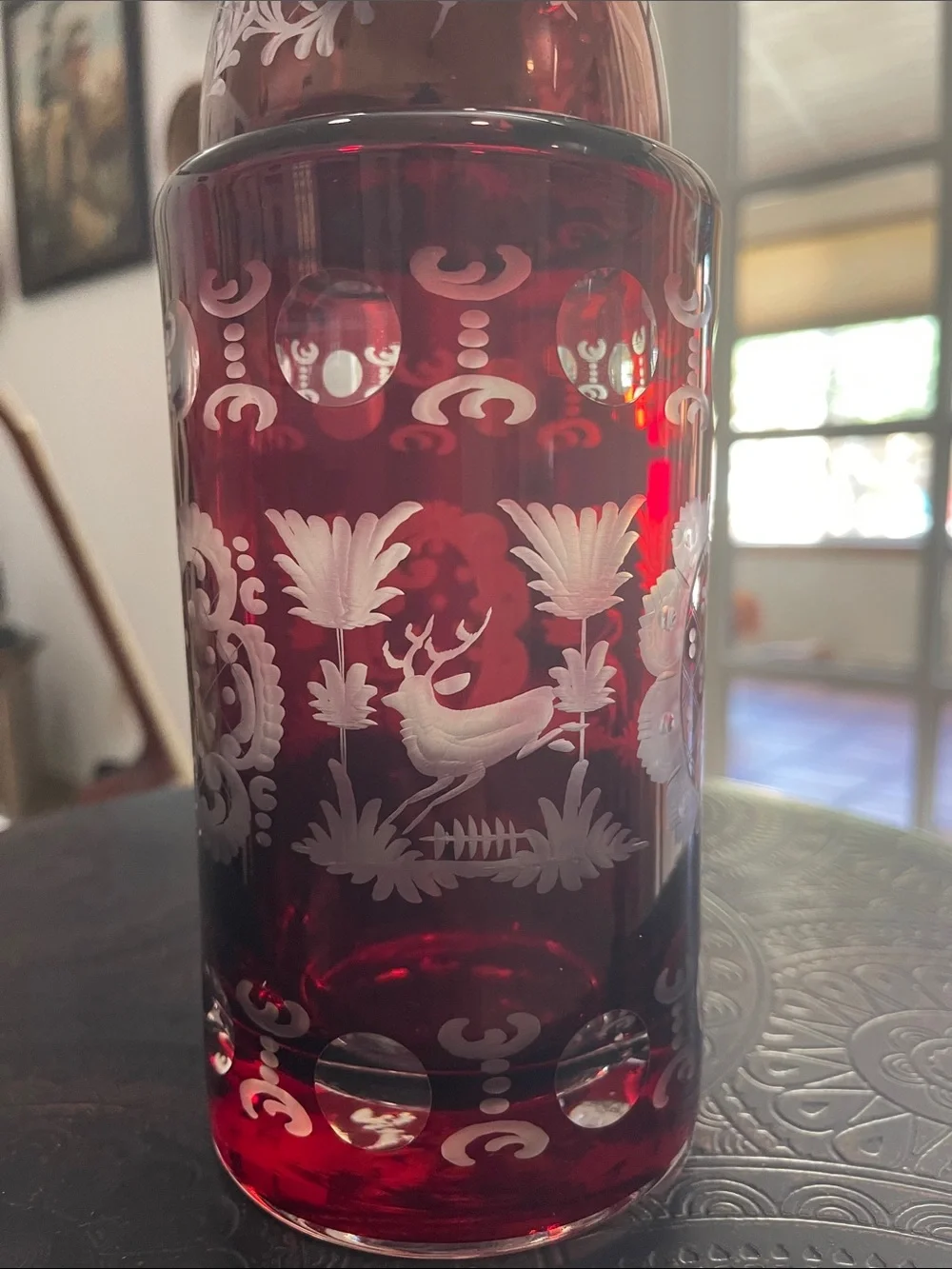 Egermann Ruby Red Etched Glass Decanter and Goblet Set